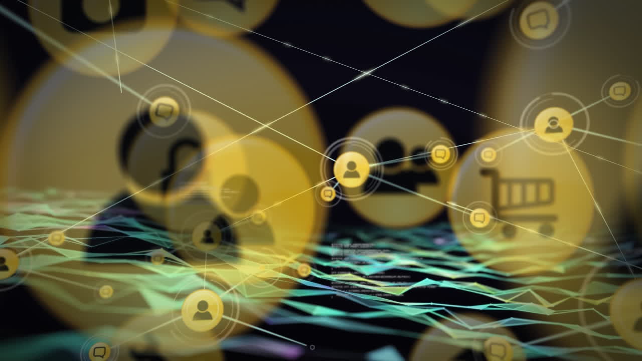 정보의 애니메이션과 오렌지색 사람 아이콘의 네트워크가 녹색 파동으로 검은색으로 움직입니다.