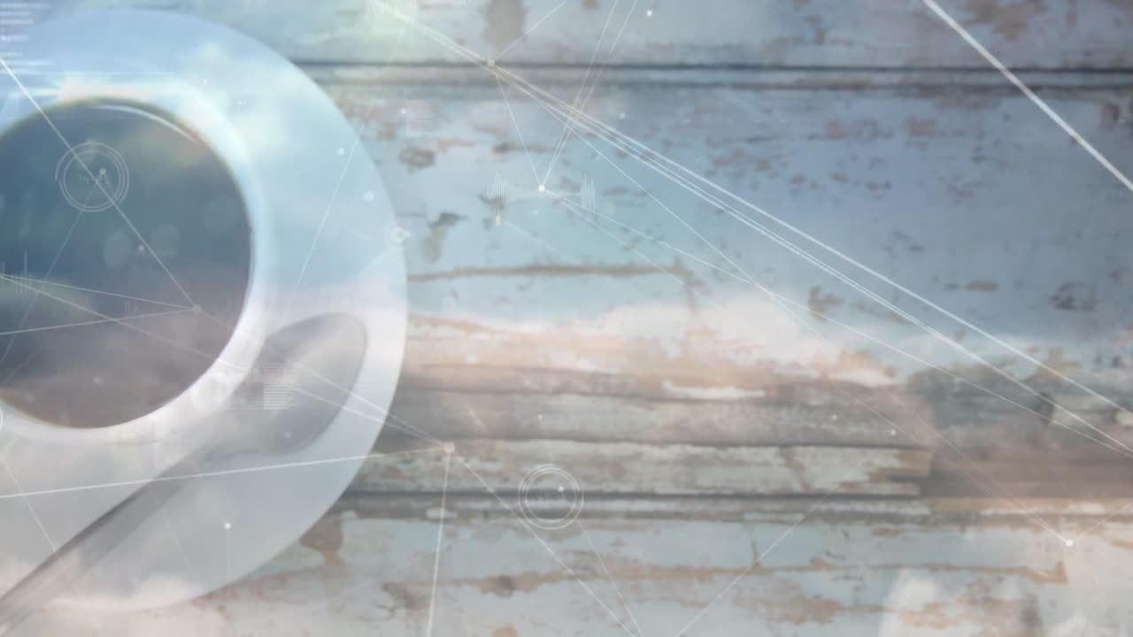 Flat design top-down showing coffee cup on saucer with teaspoon on tabletop with network overlay