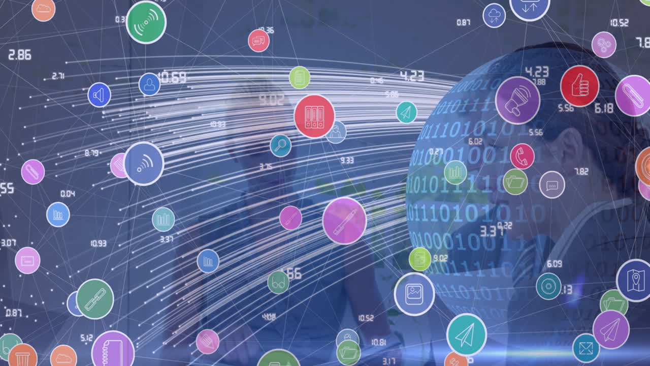 디지털 아이콘 네트워크의 애니메이션과 다양한 사업가들이 사무실에서 토론하는 세계