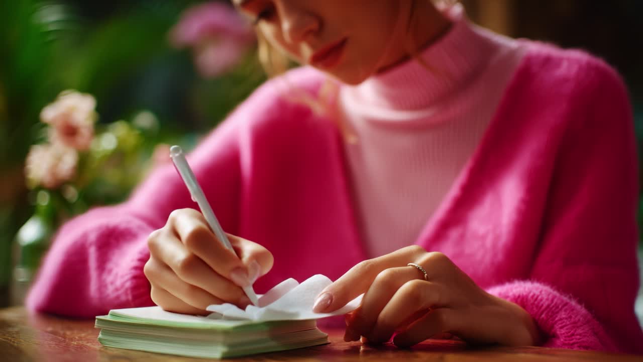 A focus on creativity and expression, a woman elegantly writes in a notebook while wearing a cozy pink sweater, surrounded by soft natural light and vibrant flowers in the background, capturing a moment of inspiration