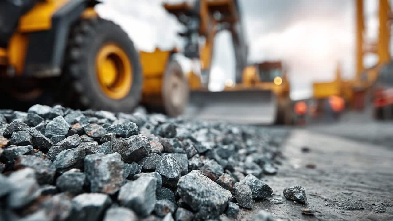 Industrial Scene Featuring Heavy Machinery at a Construction Site with Focus on Piles of Rocks and Gravel, Highlighting the Work Environment and Equipment Used