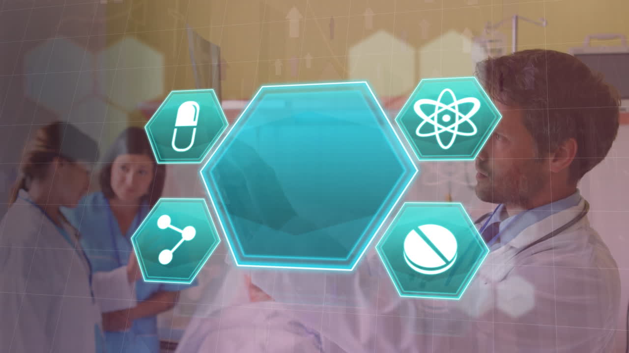 ⁇ 스레이 사진을 보는 백인 남성 의사 위의 의학 아이콘의 애니메이션