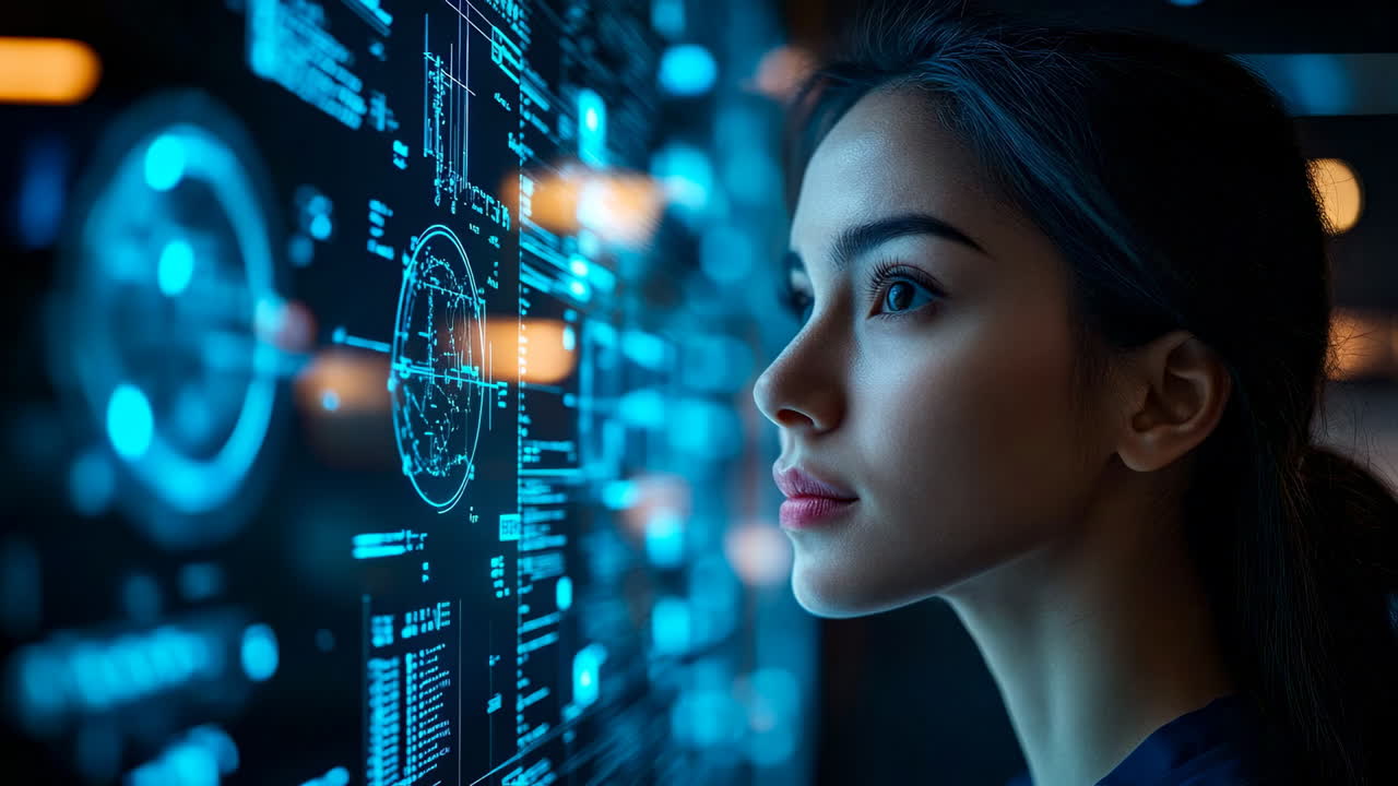 Woman studies data on a digital screen. Woman looks closely at a digital display filled with data and graphs in a modern environment during evening hours