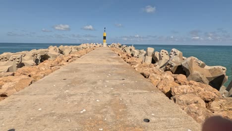 this evocative scene captures the essence of a leisurely stroll along a seaside pier, where the intrepid walker advances into the gentle embrace of sea, making their way towards the distant breakwater