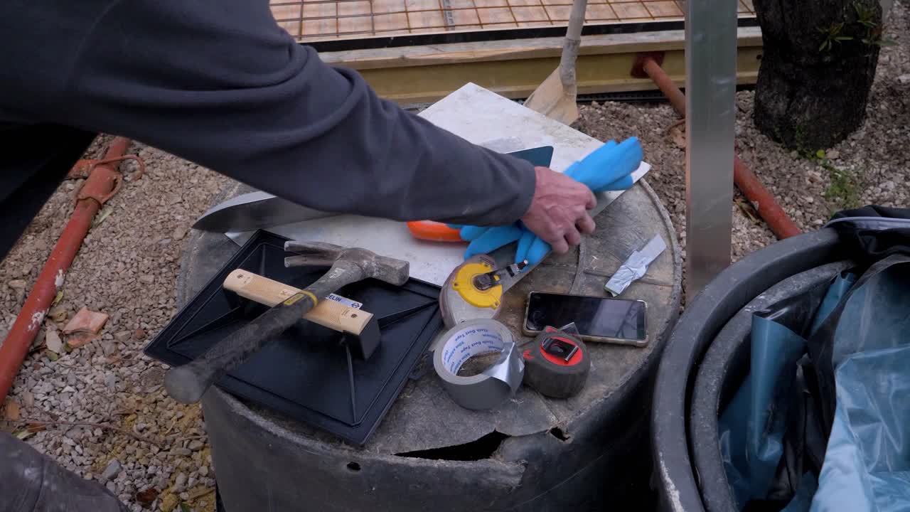 그의 고무 장갑을 집어 들고 노동자의 slowmotion 회전 샷