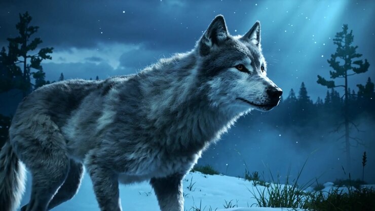 Lifting left paw, adult gray wolf moving along snowy ridge under moonlight, fixing gaze right