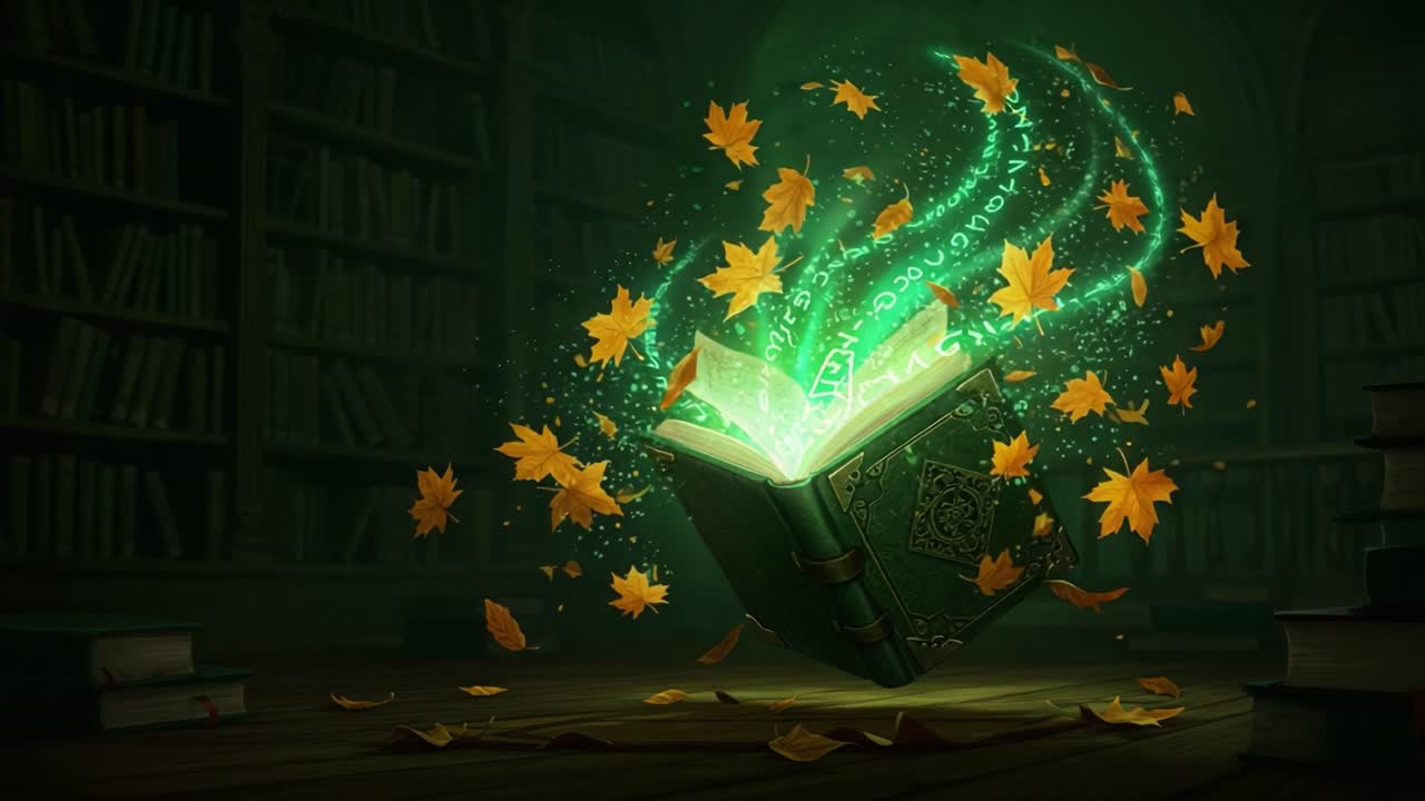 A Mystical Journey: Enchanted Book Releases Green Energy and Whirling Autumn Leaves in a Library of Wonders