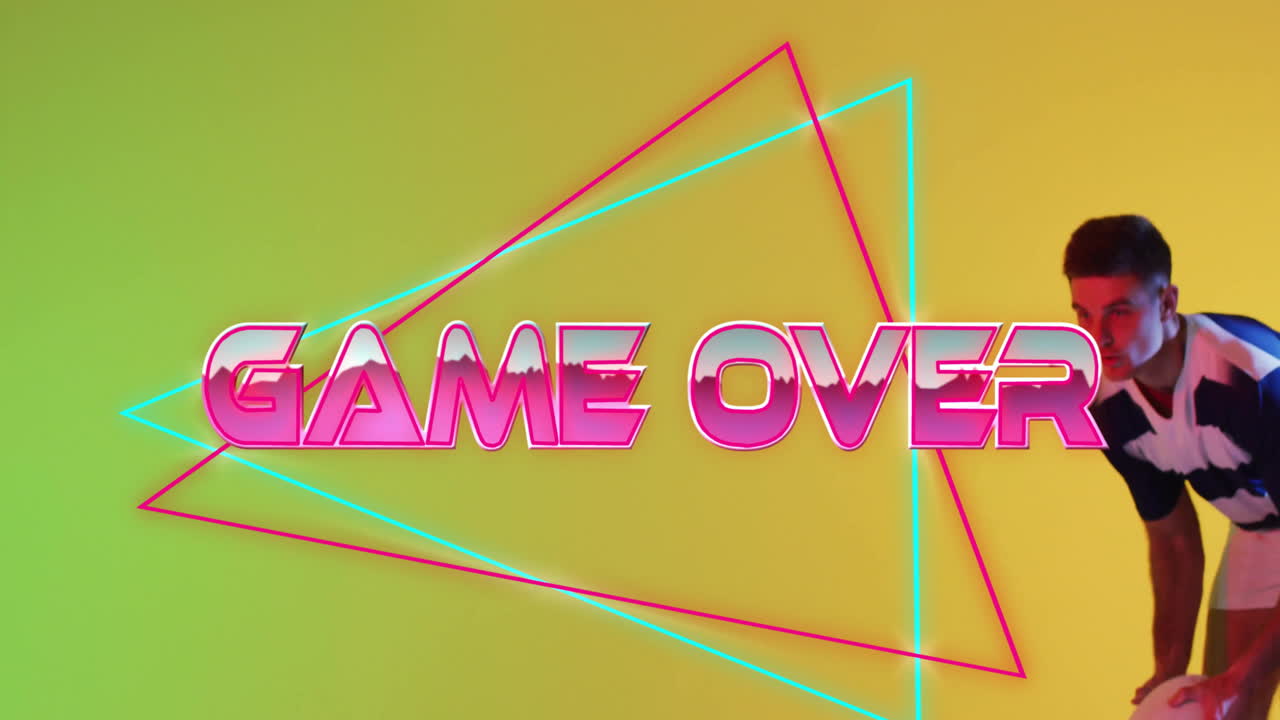 animación del juego sobre texto sobre patrón de neón jugador de rugby caucásico