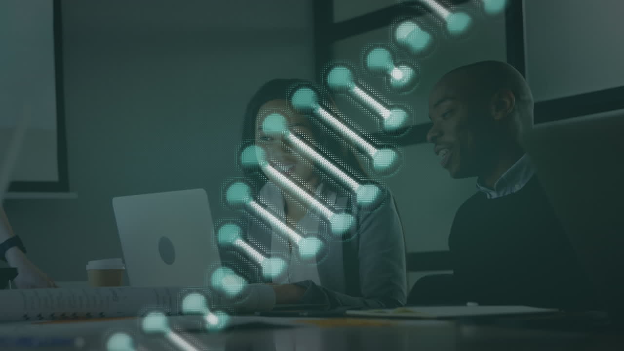 Animation of dna strand over diverse business people in office