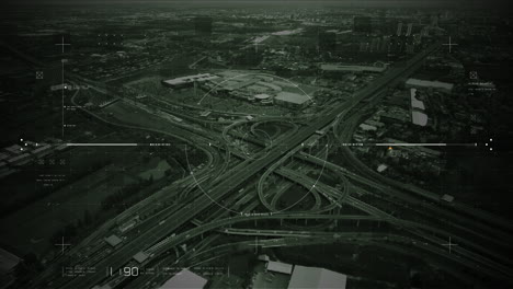 futuristic hud satellite view of traffic surveillance on a busy expressway junctions tracking and monitoring highway traffic for possible target vehicle