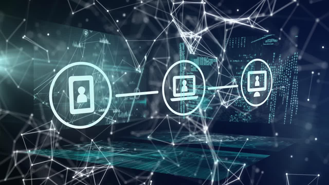 Digital icons over network of connections against screens with data processing on blue background