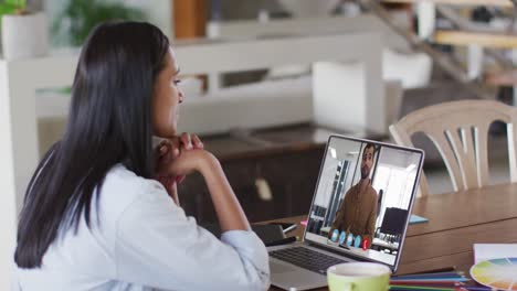 African-american-woman-having-a-video-call-with-male-colleague-on-laptop-at-home