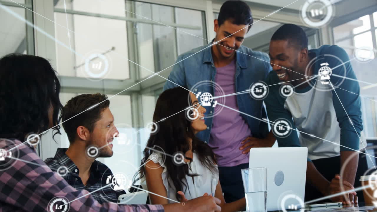 Collaborating, diverse business team with network connections and data processing animation