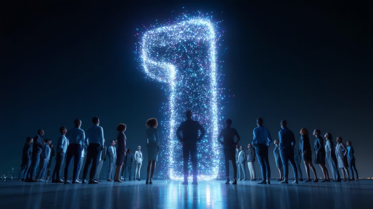 A Majestic Gathering Around a Glittering Digital Number One, Illuminating a Collective Moment of Celebration and Reflection Among a Diverse Group of Enthusiastic Individuals at Night