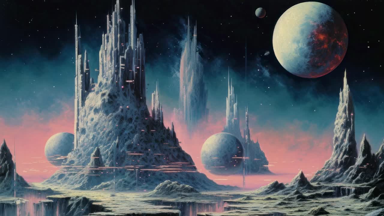 Futuristic alien landscape with towering structures and planets, viewed from a low angle