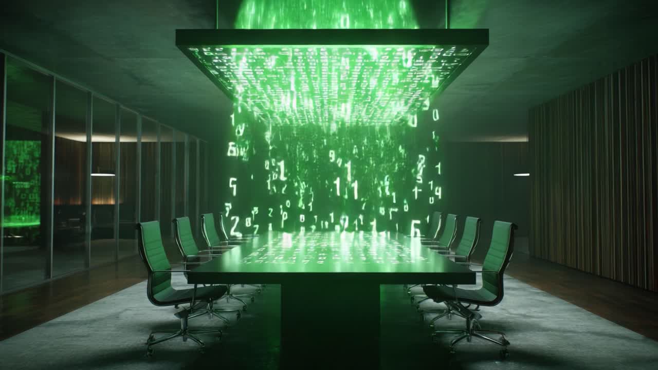 Empty modern conference room showing a digital transformation concept, with a green stream of glowing binary code and numbers falling onto the meeting table from a large screen on the ceiling