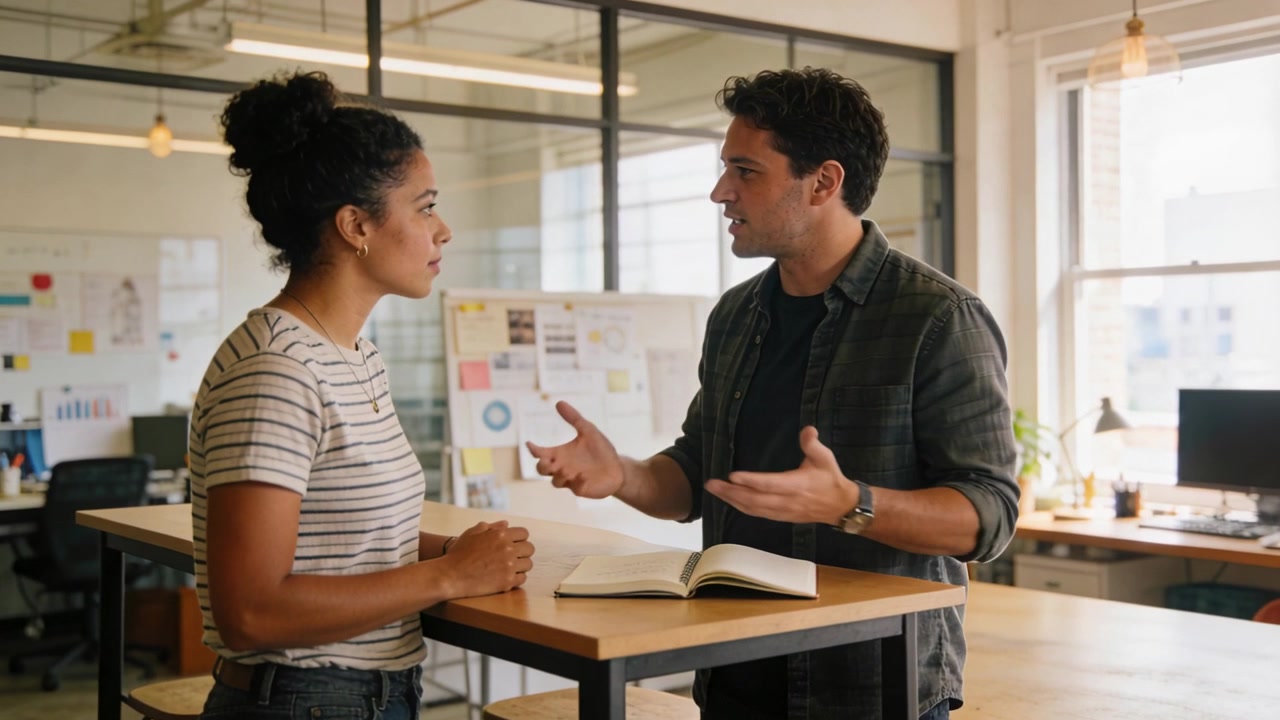 Starting work talk man gesturing at tall table in office, woman listening, notebook, striped tee