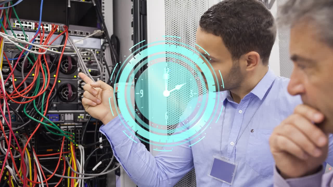 animación de reloj en movimiento sobre diversas personas en la sala del servidor