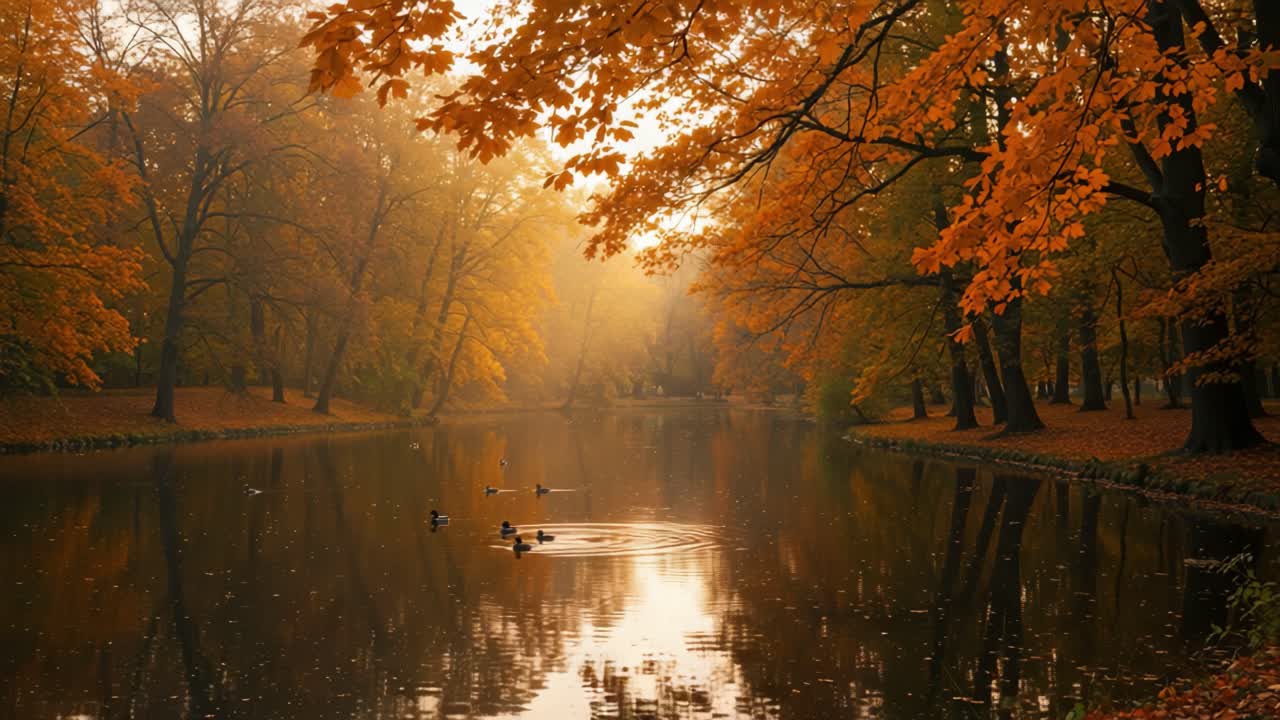 Serene Autumn Landscape with Golden Leaves Reflecting on a Tranquil Lake Surrounded by Trees and Graceful Ducks Swimming in Peaceful Harmony