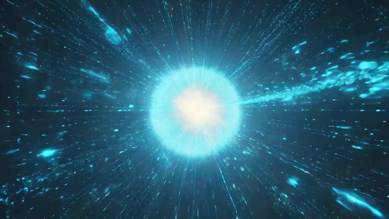 Pulsing cyan energy core meeting golden filament from right in space, emitting radial particles