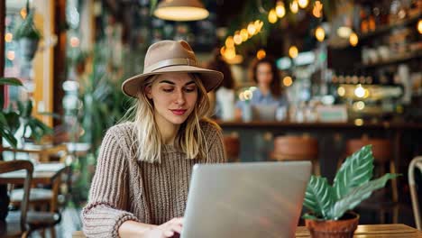 woman working on laptop in a cozy cafe