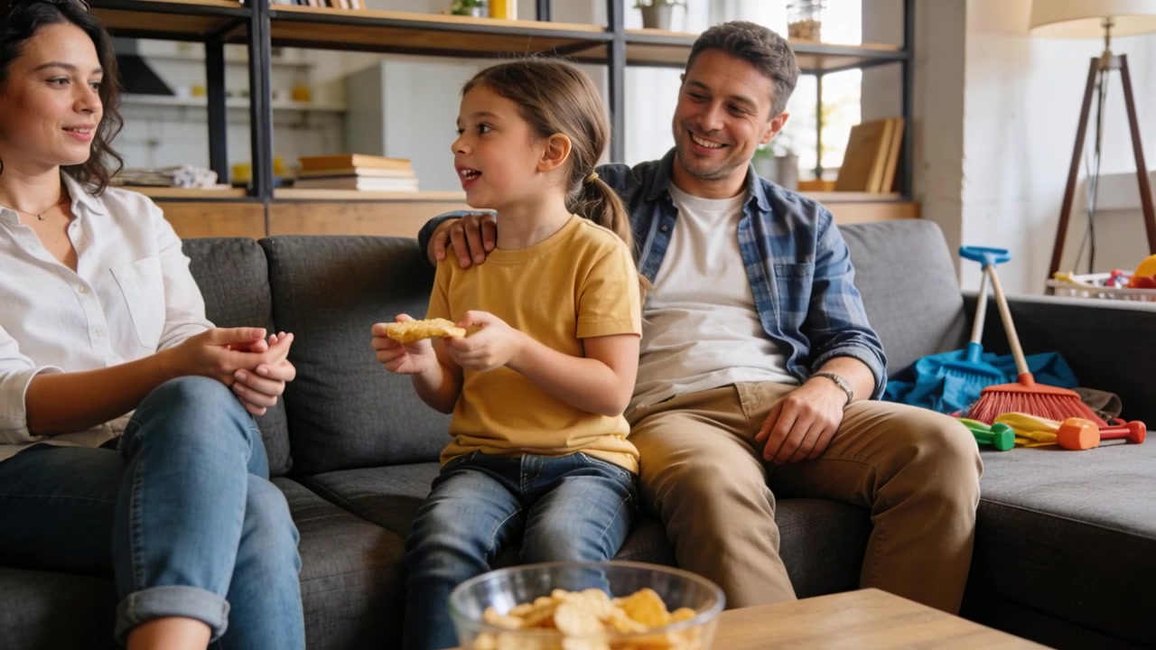 Bambino che allunga la mano per prendere uno spuntino dopo che la madre ha offerto di condividerlo, sul divano di casa, con una ciotola di patatine visibile.