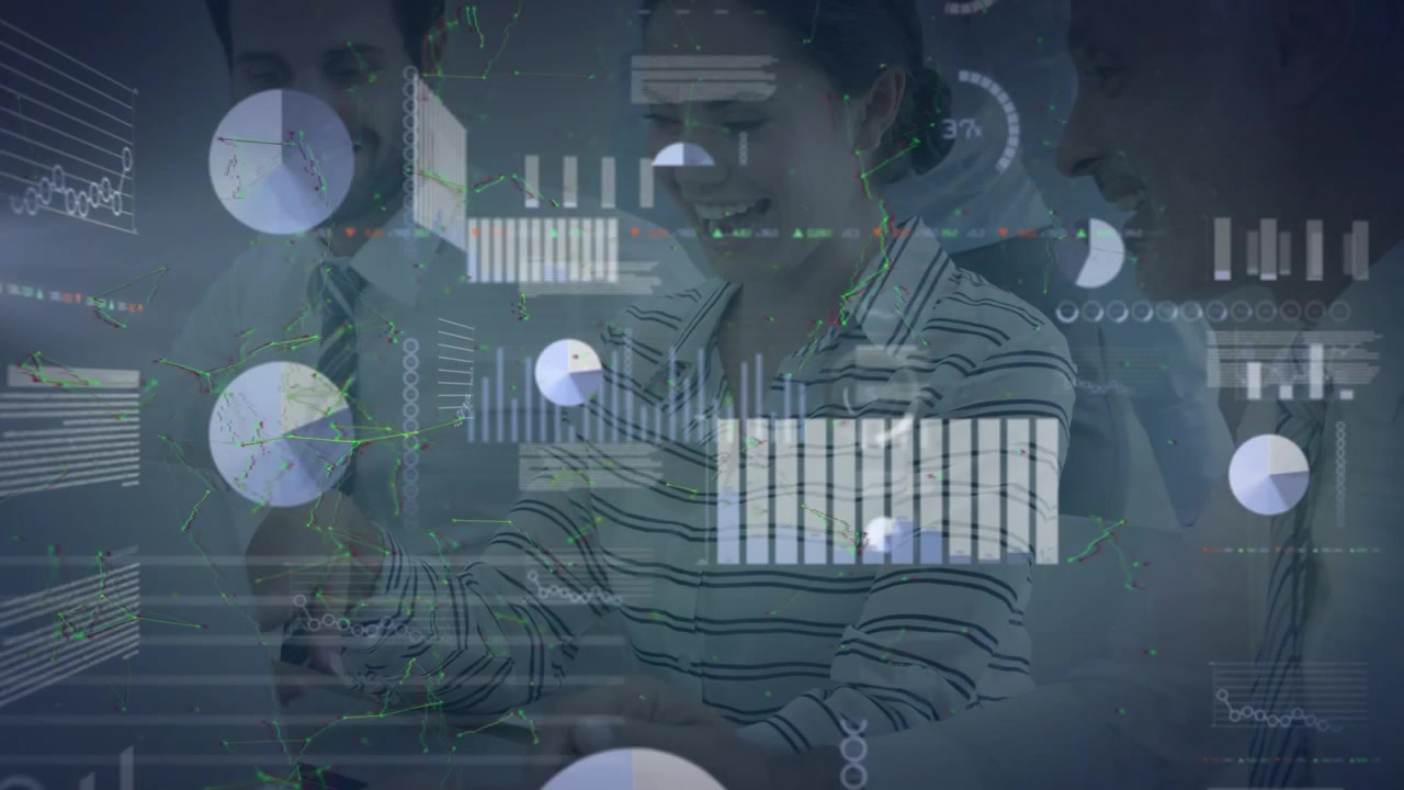 Animation of data processing over diverse business people in office
