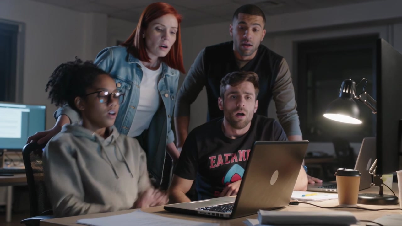 Typing woman in gray hoodie pressing key, drawing colleagues leaning in at night office with laptop