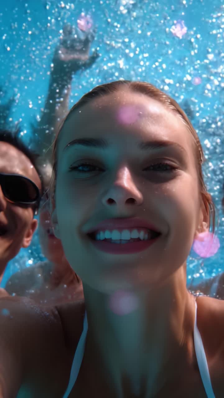 Uma selfie subaquática alegre capturando a essência da diversão e da amizade em um ambiente de piscina vibrante, exibindo sorrisos radiantes e reflexos d'água cintilantes