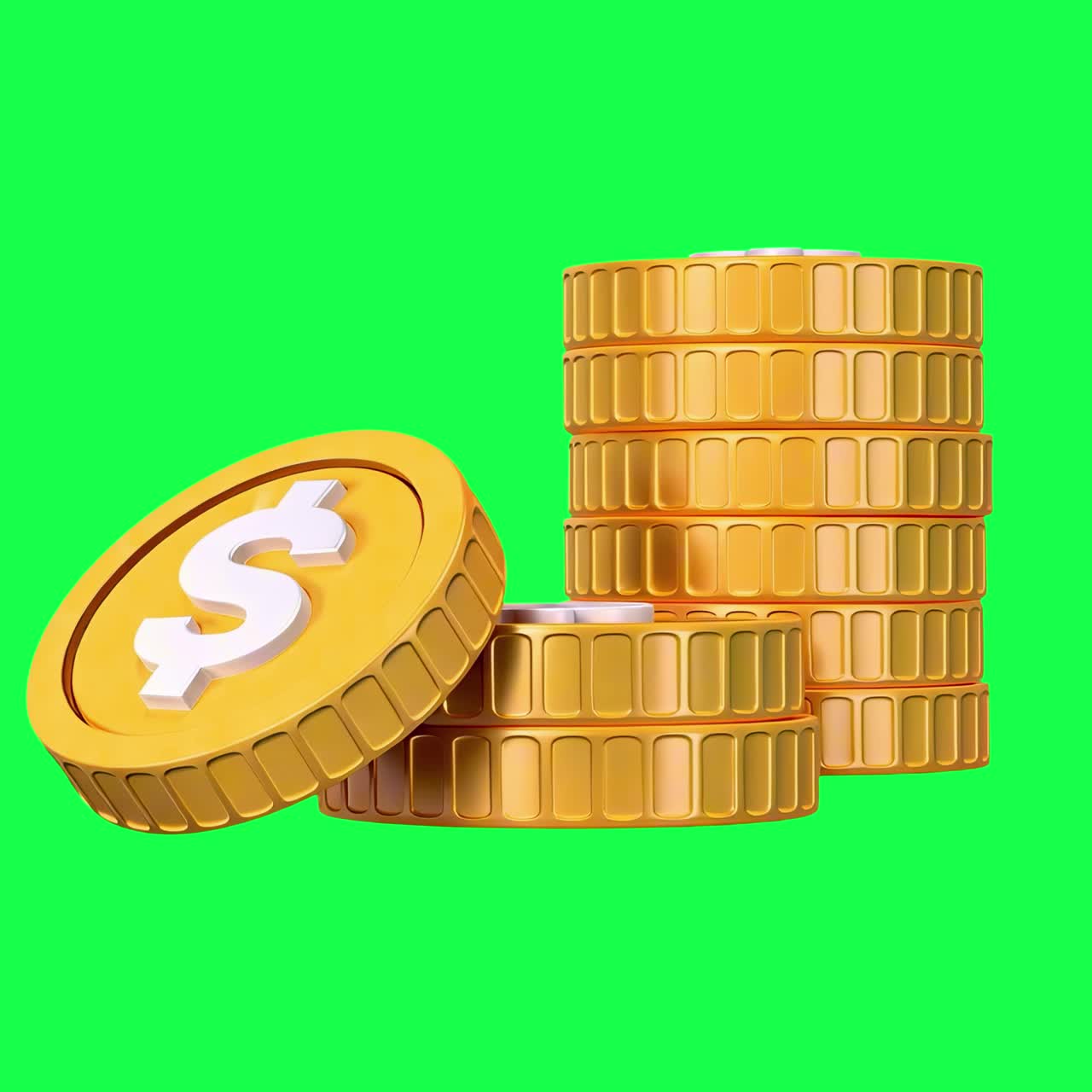 Golden coins with dollar symbol animation, transparent 4K video, green screen