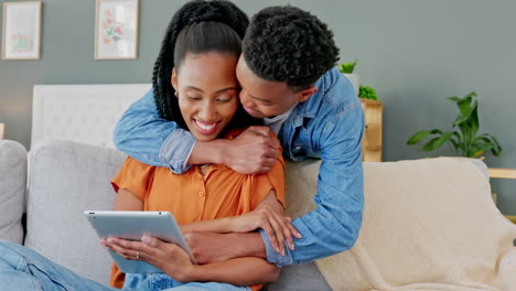 love, hug and happy couple with tablet relax