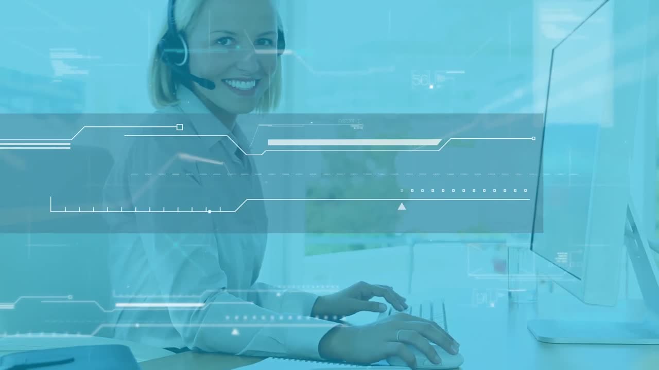 Animation of Caucasian woman wearing headset using computer over statistics