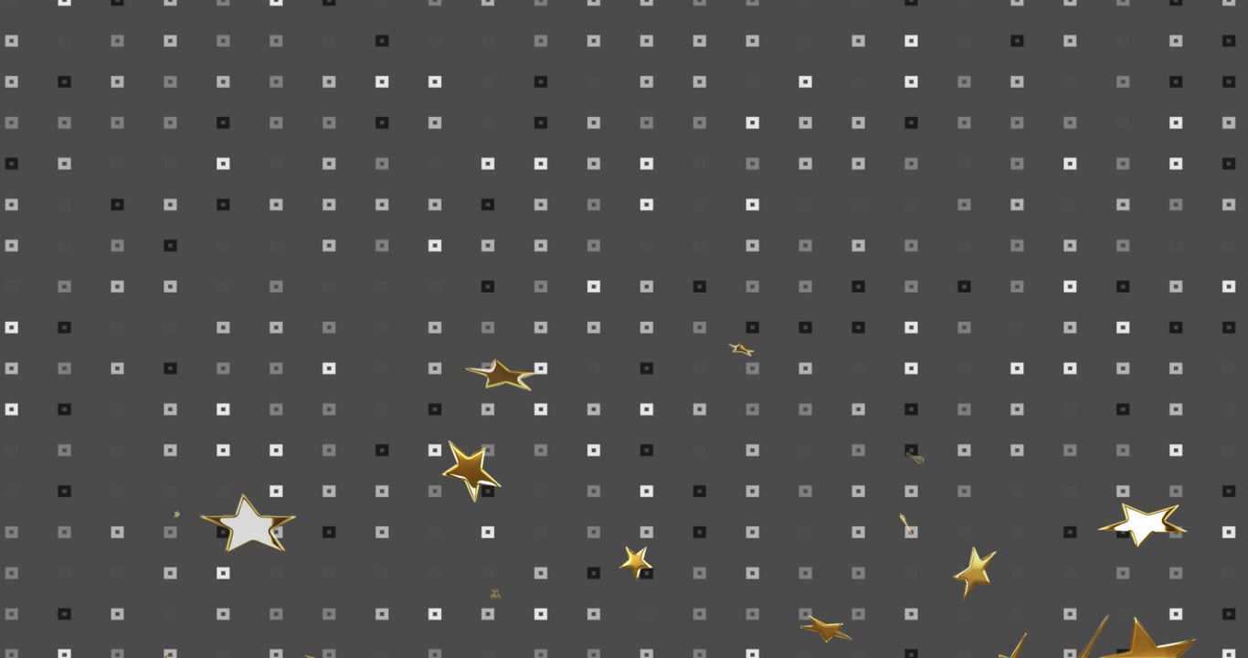 At animation start gold star pieces drifting downward clustering tumbling and fading over grey grid