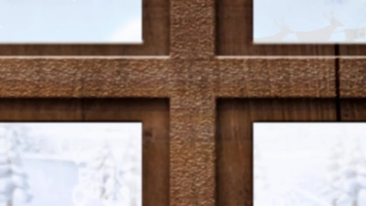 창문 을 통해 볼 수 있는 겨울 풍경 의 사 ⁇  과 함께  ⁇ 매 를 타고 있는 산타클로스 의 애니메이션