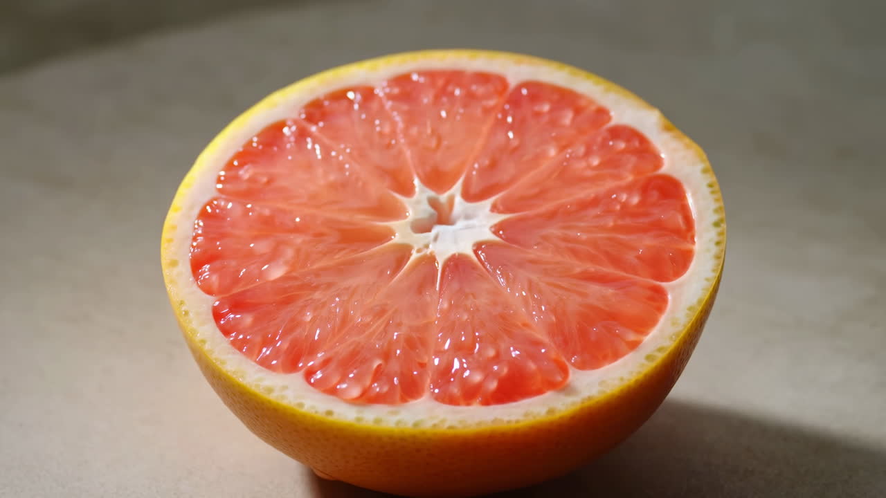 Primo piano di mezzo pompelmo rosa su un piano di lavoro, natura morta da studio illuminata dal sole per un'alimentazione sana e la colazione.