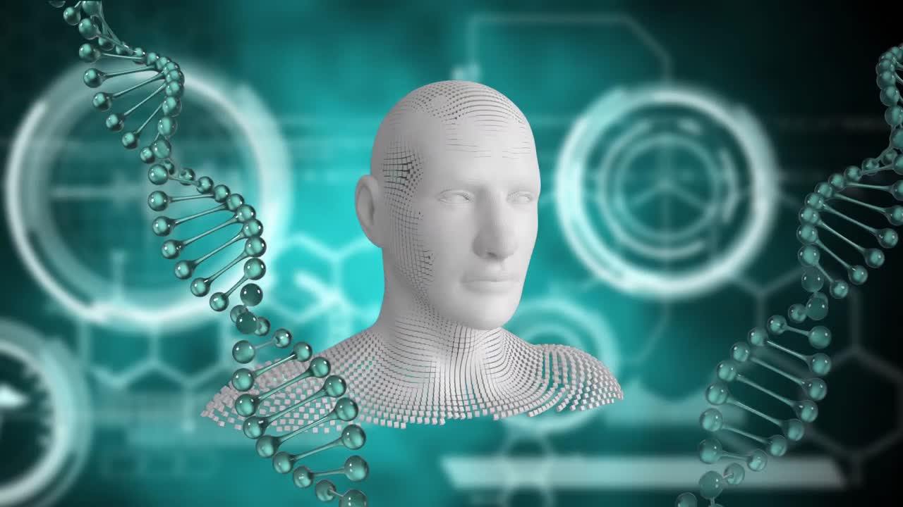 cadena de adn 3d y formas abstractas en movimiento