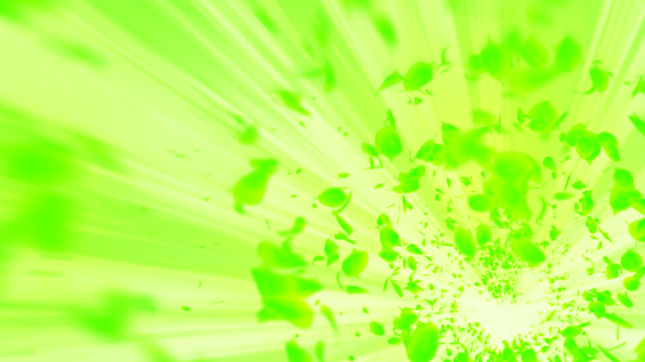 초록색 잎에서 나오는 소용돌이, 스피럴 모양의 반이는 계절 잎의 입자, 춤추는 잎, 다채로운 자연 터널 루프 애니메이션.