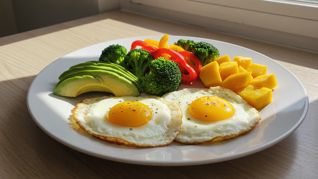 A Delicious Plate of Breakfast Featuring Perfectly Cooked Eggs Surrounded by Fresh Vegetables and Fruits Including Broccoli, Avocado, Bell Peppers, and Mango
