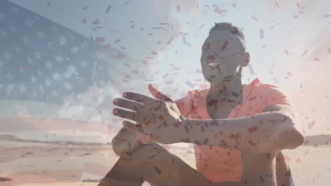 animación de la bandera de los estados unidos de américa y confeti sobre un hombre afroamericano en la playa