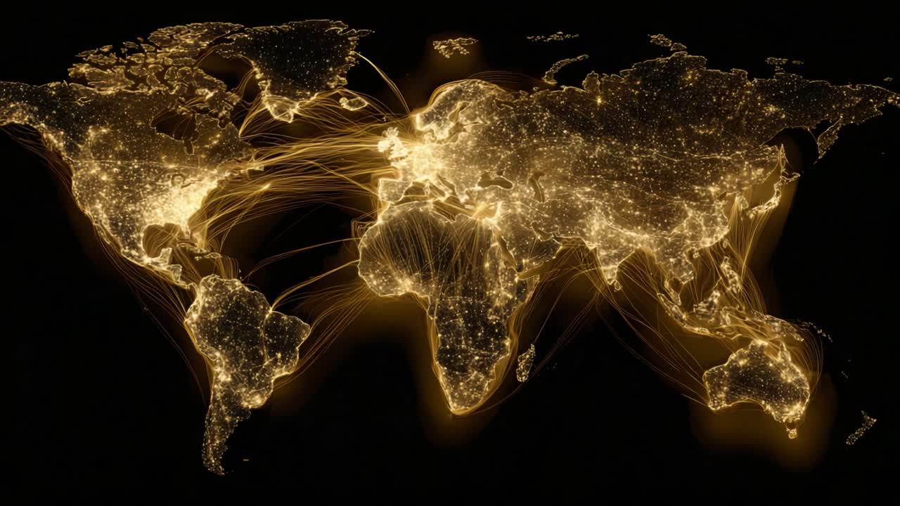 Animated world map showing flight paths, internet data traffic, or international trade routes with glowing lights representing cities and interconnected lines symbolizing a globally connected world