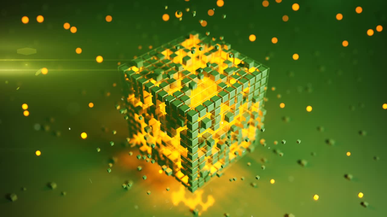 Green cubic shape with illuminating blocks seamless loop 3D render animation
