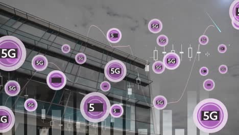 animation of network of 5g text over cityscape