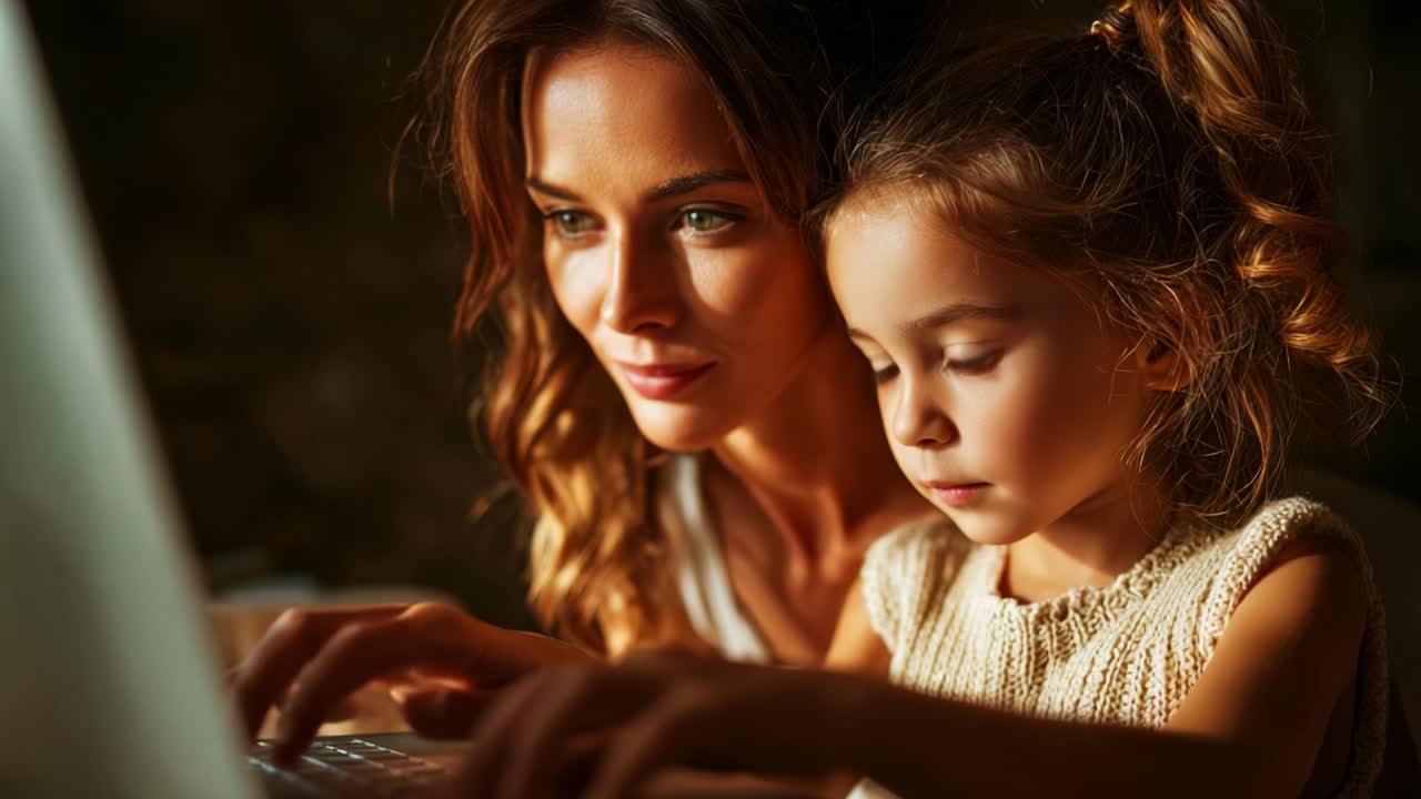 A nurturing mother engages with her young daughter in a cozy and intimate setting, as they explore the world together through a computer screen, fostering curiosity and connection