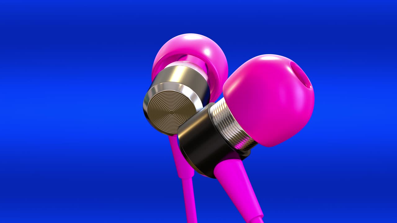 гладкое красивое вращение розовых наушников на синем фоне. 4k разрешение, 60 кадров в секунду