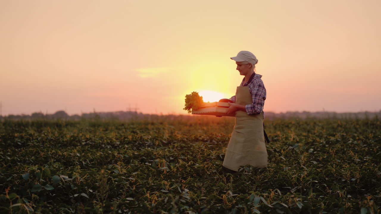 mujer agricultora lleva una caja con verduras en el campo al atardecer 4k video