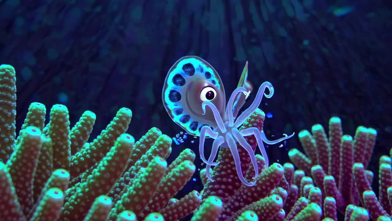 Cartoon Octopus on Coral Reef