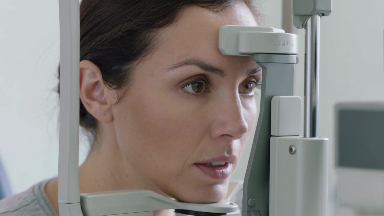 Lowering adult woman placing chin rest and forehead support at eye clinic, aligning right eye