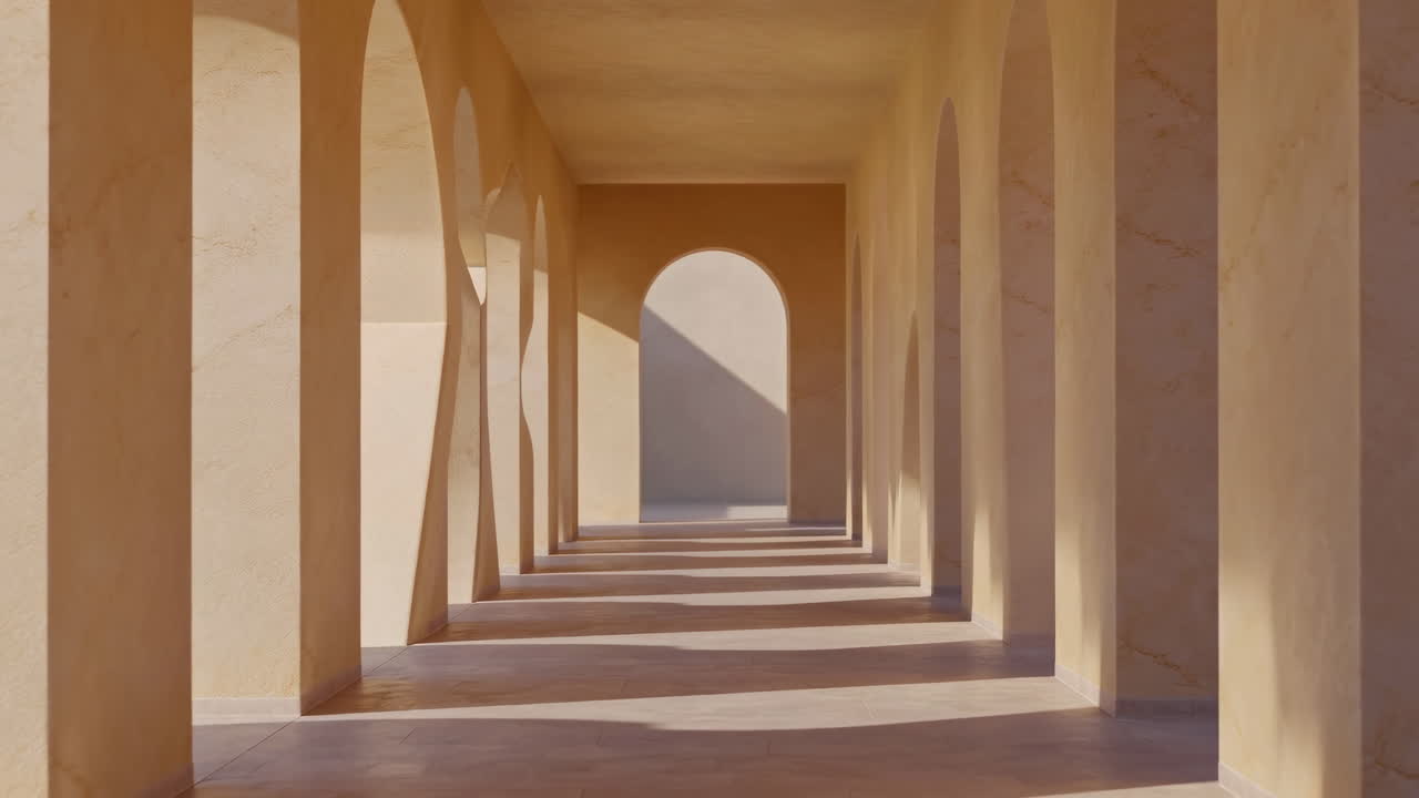 Time Lapse of Moving Shadows in a Minimalist Arched Hallway