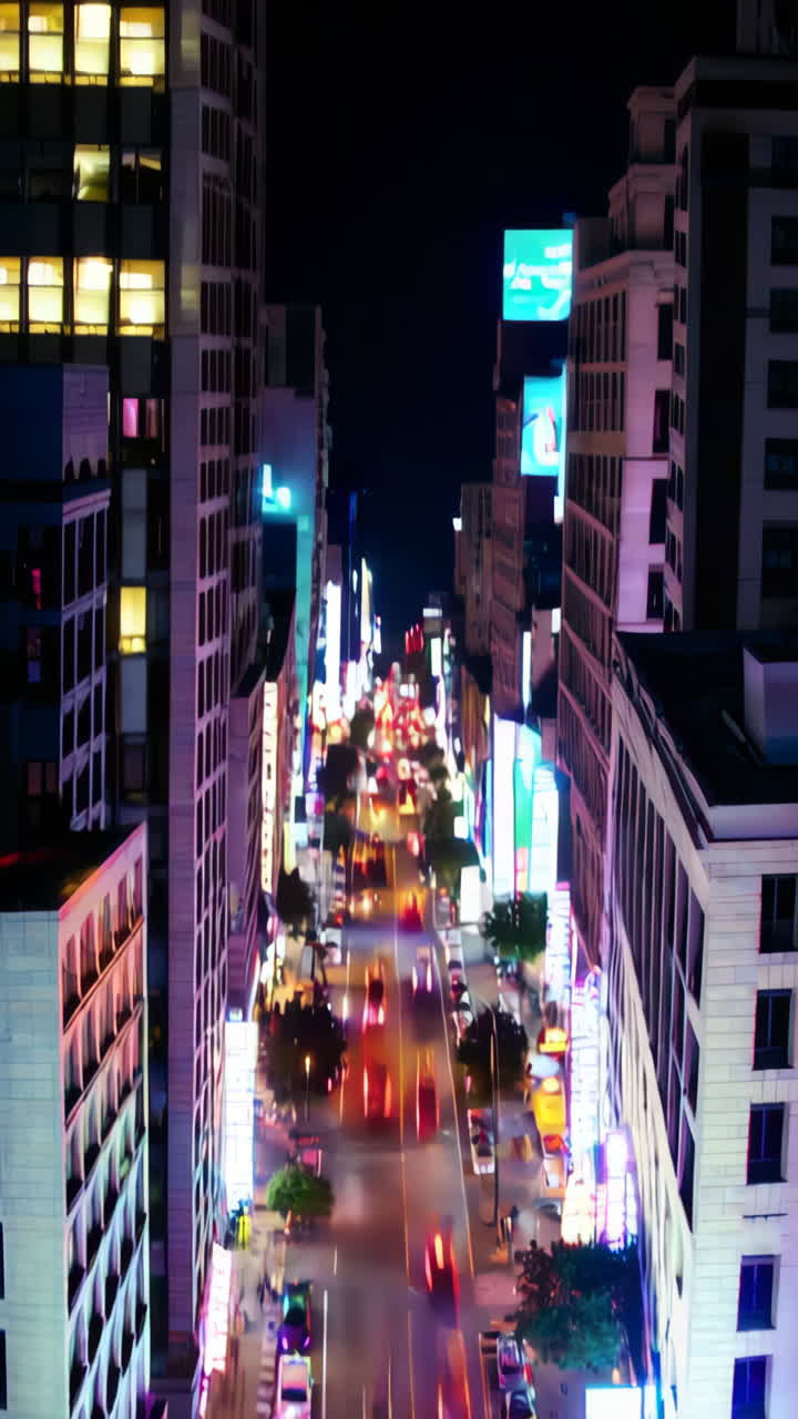 Aerial Night View of a Vibrant City Street with Motion-Blurred Traffic