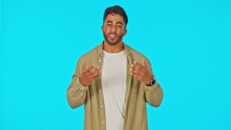 man, presentation and talking with hand gesture